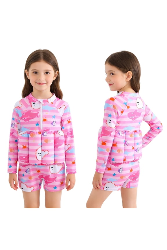 Girls Long Sleeve Float Swimsuit Buoyancy Sticks for Kids Zip up One Piece Floating Swim Vest Bathing Suit Swimwear