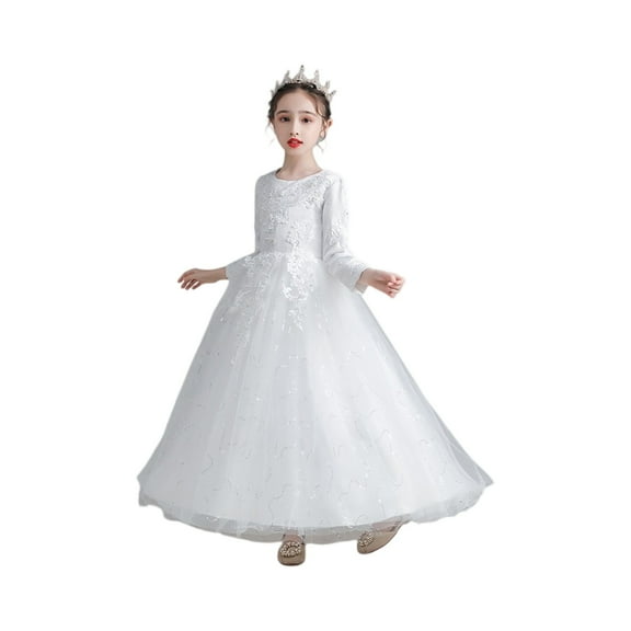 Girls Long Sleeve Floor Length Lace Tulle Flower Girl Dress Princess Formal Gown for Wedding Birthday Party Performance