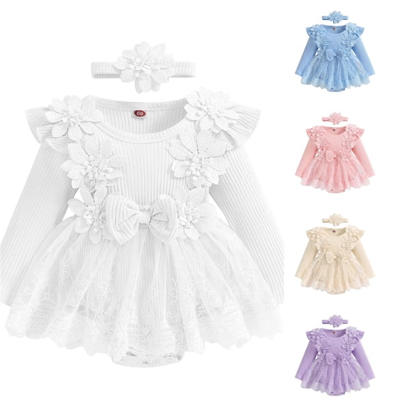 Girls Long Sleeve Floral Romper Lace Bodysuits Dress Headbands Set