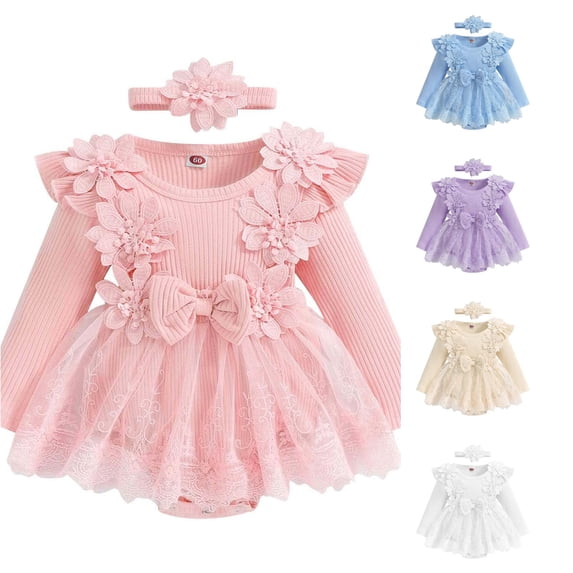 Girls Long Sleeve Floral Romper Lace Bodysuits Dress Headbands Set