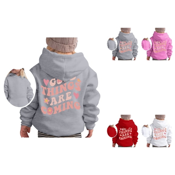 Girls Long Sleeve Graphic Hooded Sweatshirt, Cute Cartoon Letter Print Pullover Top, Soft Casual Wear for Girls