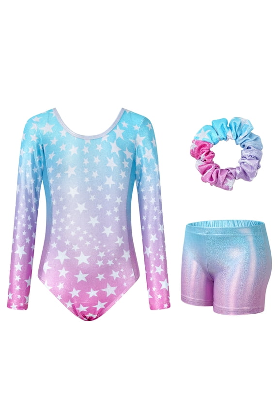 Girls Long Sleeve Gymnastics Leotard Cross Back Glitter Ballet Leotards for Kids 3-12Y