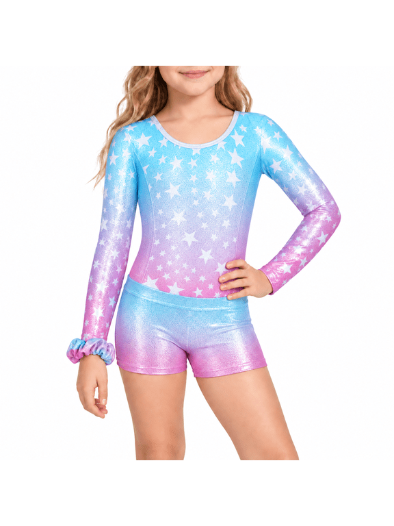 Girls Long Sleeve Gymnastics Leotard Cross Back Glitter Ballet Leotards for Kids 3-12Y