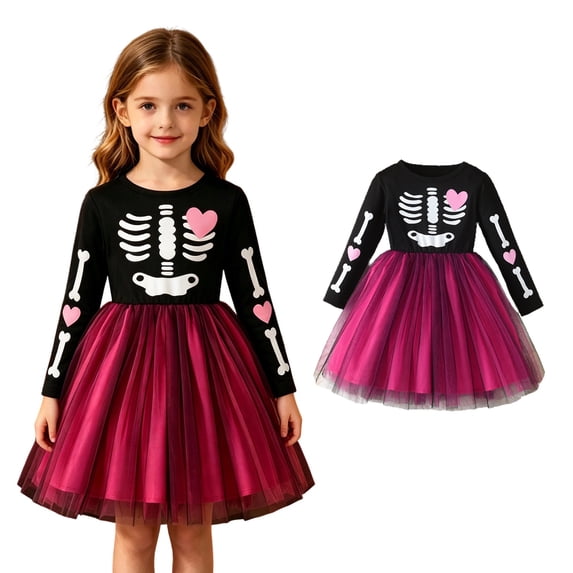 Girls Long Sleeve Halloween Skeleton Print Tutu Tulle Dresses Skeleton Costume Cosplay Costume Halloween Girls Outfit Size 3-8 Years