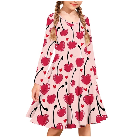 Girls' Long Sleeve Heart Cherry Print A-Line Dress | Soft Stretchy Casual Play Dress | Kids 4-14 Years,Size 4-5 T