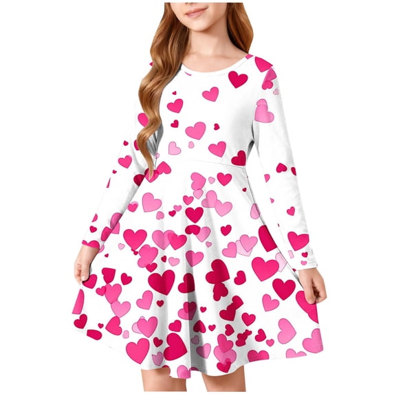 Girls' Long Sleeve Heart Print Dress Two-Piece Set, Hot Pink A-Line Tiered Dress for Kids Age 4-14 Years, Casual Party Wear,Size 7-8 T