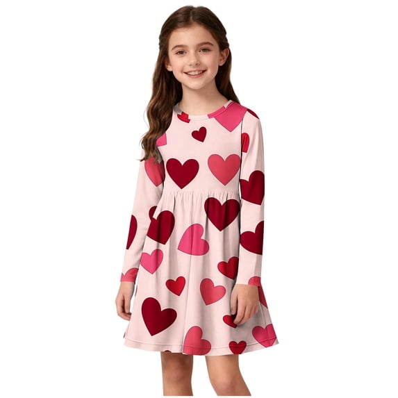 Girls' Long Sleeve Heart Print Dress for Valentine's Day, Stretchy A-Line Party Dress with Elastic Waist, Pink Red, Sizes 4-14 Years,Size 7-8 T