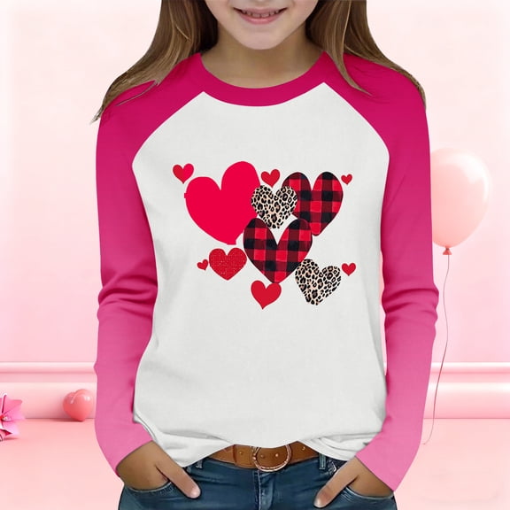 Girls Long Sleeve Heart Print Shirt - Soft Stretchy Raglan Top Pink & White for Kids 4-14 Years, Valentine's Day Casual Wear,Size 14 T
