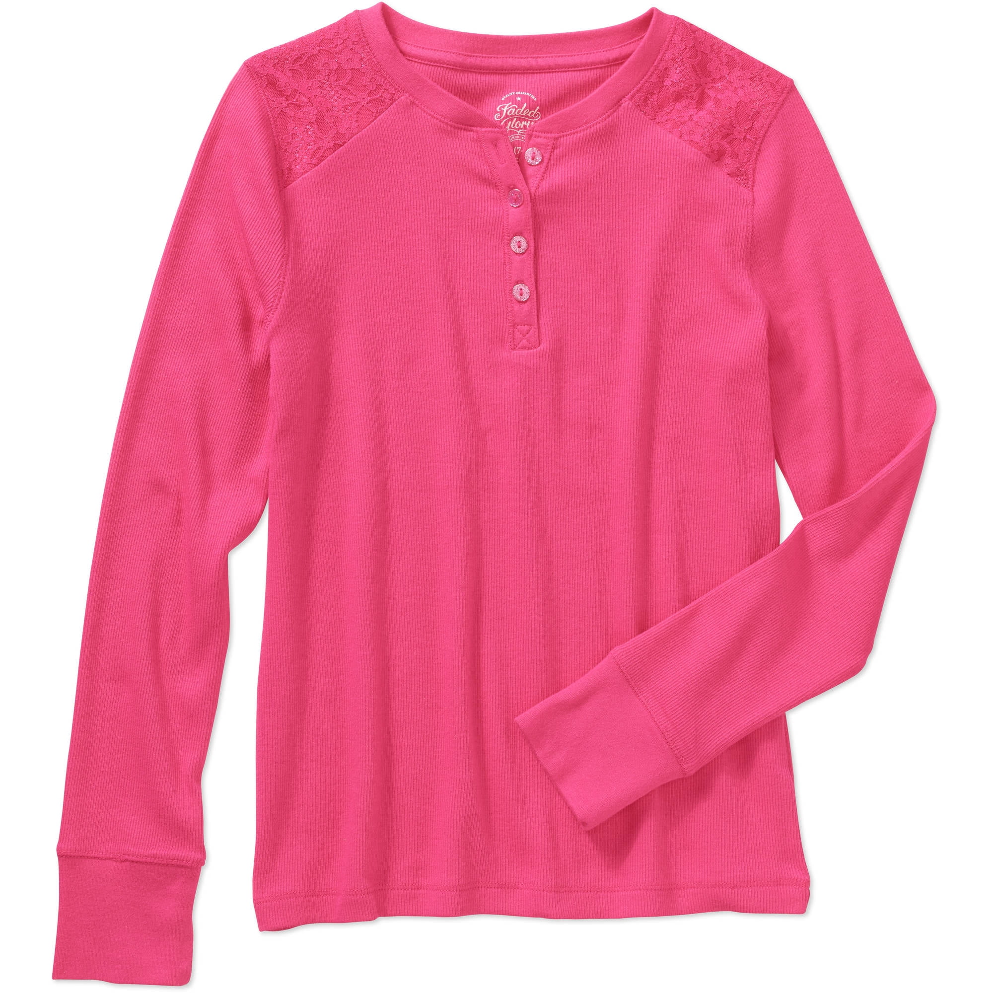 Girls' Long Sleeve Henley Tee with Lace