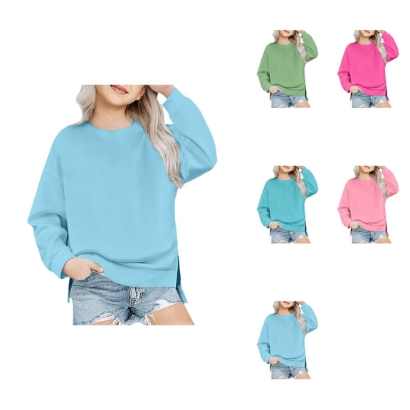 Girls Long Sleeve Hooded Sweatshirt, Casual Loose Fit Crewneck Pullover Top with Drop Shoulder and Side Split, Ideal for 5-14 Years
