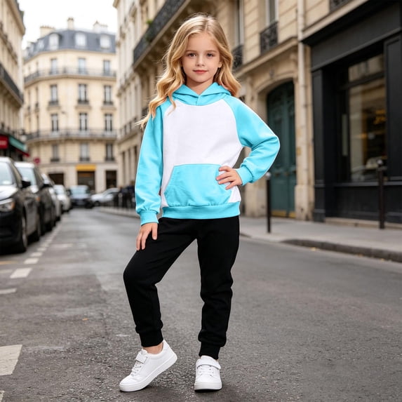Girls Long Sleeve Hoodie Top and Bottom Set for Kids Cozy Comfort with Contrasting Sleeves Wear for Girls