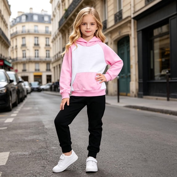 Girls Long Sleeve Hoodie Top and Bottom Set for Kids Cozy Comfort with Contrasting Sleeves Wear for Girls