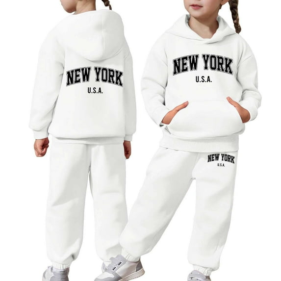 Girls Long Sleeve Hoodie and Pants Sweatsuit Set Warm Solid Color Pullover Outfit for Toddler Kids