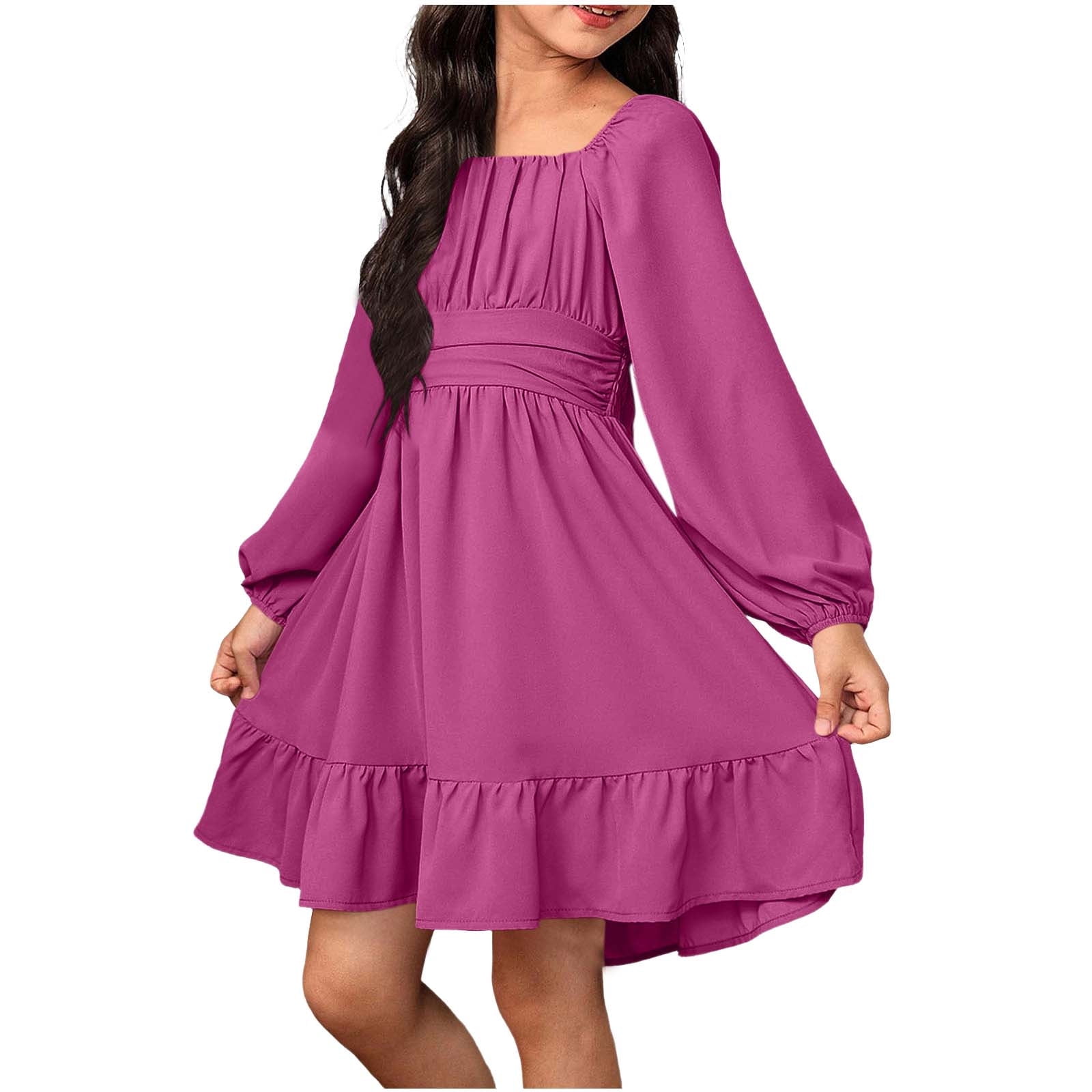 Girls Long Sleeve Hot Pink Dress A-Line Ruffle Square Neck Bow Back ...