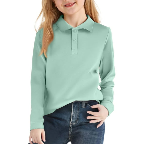Girls Long Sleeve Interlock Polo, School Uniform 6T-10Y, Feminine Fit, Moisture-Resistant Mint Green 7-8Y