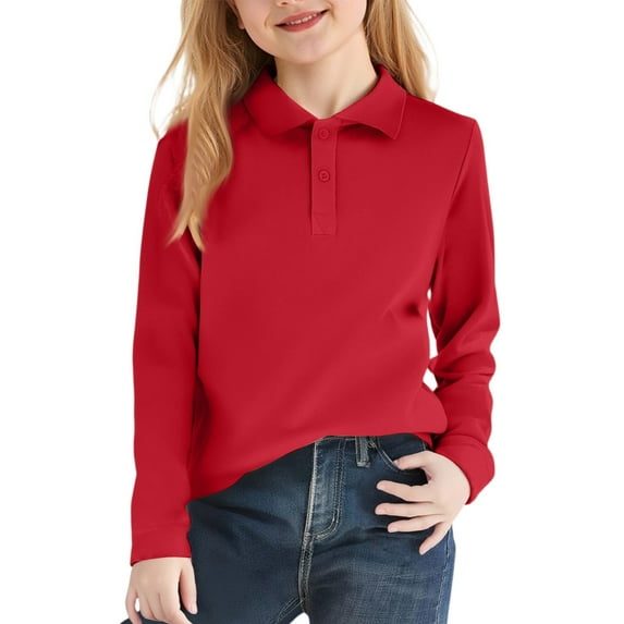 Girls Long Sleeve Interlock Polo, School Uniform 6T-10Y, Feminine Fit, Moisture-Resistant Red 6-7Y