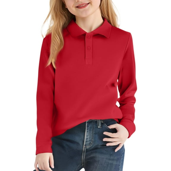 Girls Long Sleeve Interlock Polo, School Uniform 6T-10Y, Feminine Fit, Moisture-Resistant​ Red 7-8Y