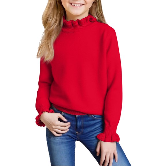 Girls Long Sleeve Knit Pullover Sweater with Ruffled Mock Neck and Ribbed Cuffs for Casual Wear Winter Fall Spring