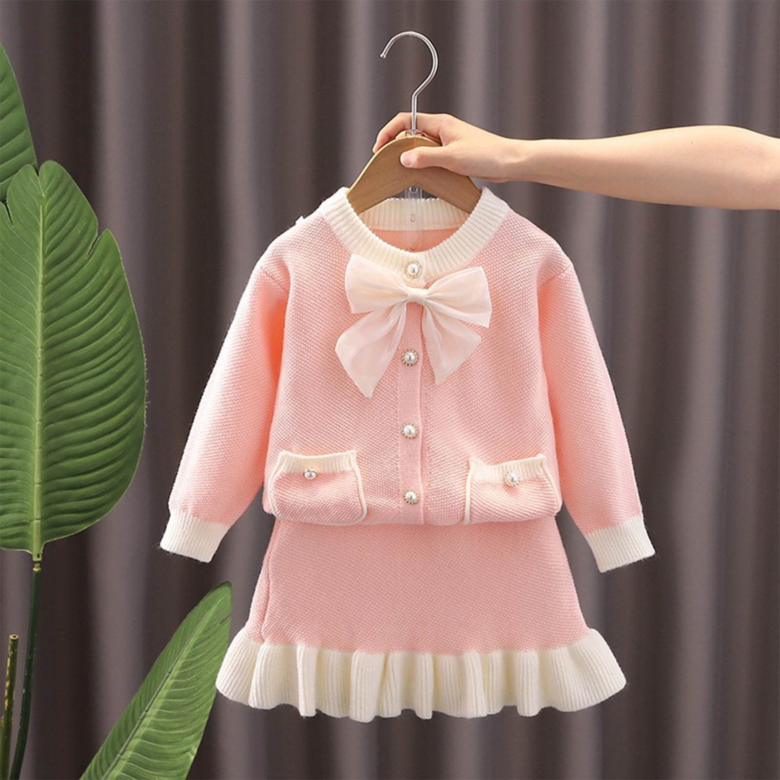 Girls' Long Sleeve Knit TwoPiece Skirt Set with Tie Buttons for Party — free download