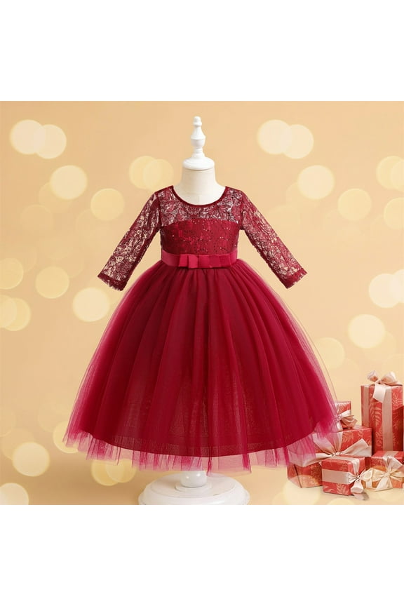 Girls Long Sleeve Lace Flower Wedding Bridesmaid Party Dresses Kids Princess Pageant Floor Length Tulle Ball Gown Long Sleeved Round Neck Dress Girl Formal Dress