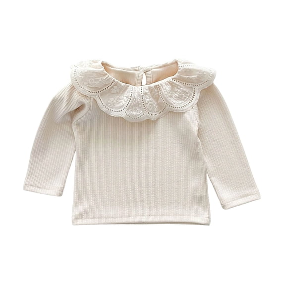 Girls Long Sleeve Lace Ruffle Collar Top 6 Months-7 Years, Soft Ribbed Crew Neck Undershirt Casual Spring Fall Base Layer Shirt for Toddler Kids Beige