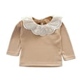 thumbnail image 1 of Girls Long Sleeve Lace Ruffle Collar Top 6 Months-7 Years, Soft Ribbed Crew Neck Undershirt Casual Spring Fall Base Layer Shirt for Toddler Kids Brown, 1 of 9