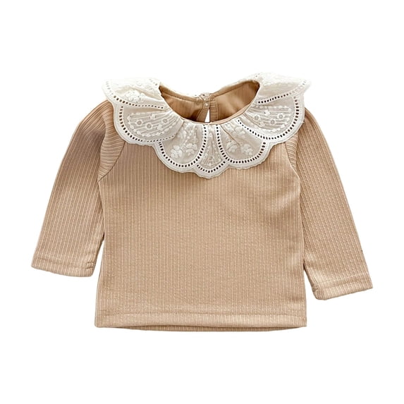 Girls Long Sleeve Lace Ruffle Collar Top 6 Months-7 Years, Soft Ribbed Crew Neck Undershirt Casual Spring Fall Base Layer Shirt for Toddler Kids Brown