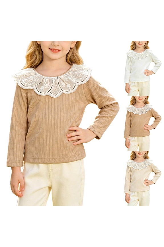 Girls Long Sleeve Lace Ruffle Collar Top 6 Months-7 Years, Soft Ribbed Crew Neck Undershirt Casual Spring Fall Base Layer Shirt for Toddler Kids White