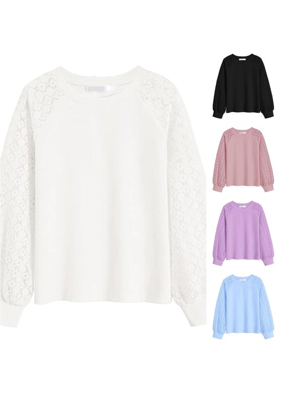 Girls Long Sleeve Lace Blouse Loose Fit Casual Top with Floral Embroidery for School and Daily Wear Shirts for Kid 5-6 Years