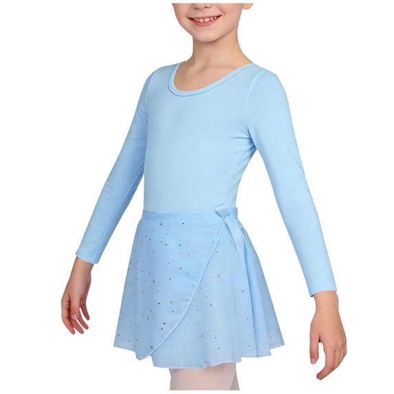 Girls Long Sleeve Leotard Set with Skirt Dance Ballet Gymnastics Outfit Sparkle Top Polyester Blue,Size 7-8 T