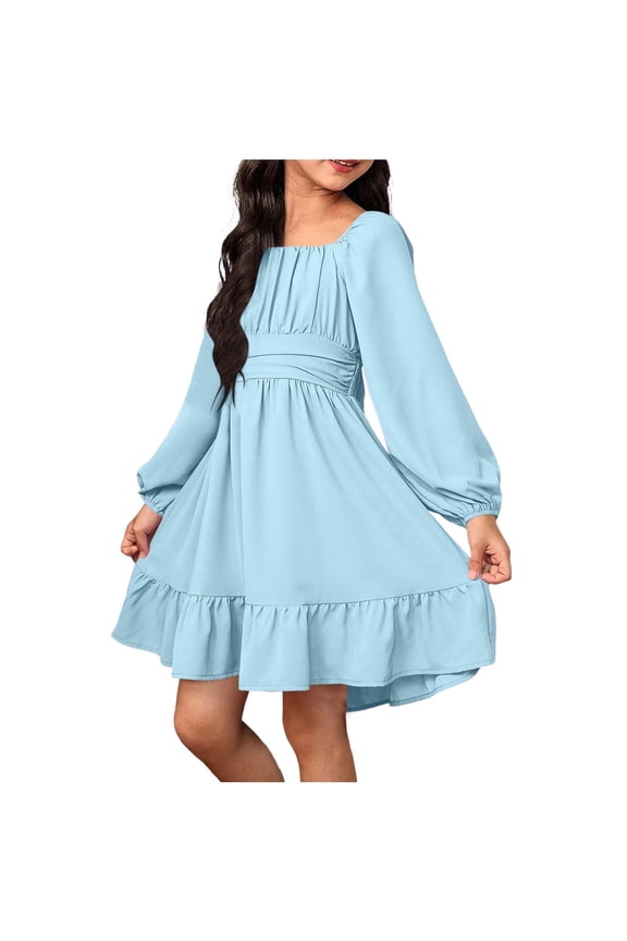 Girls Long Sleeve Light Blue Dress A-Line Ruffle Square Neck Bow Back Casual Party Formal Church Dresses for Kids Polyester Ages 6-12,Size 12-13T