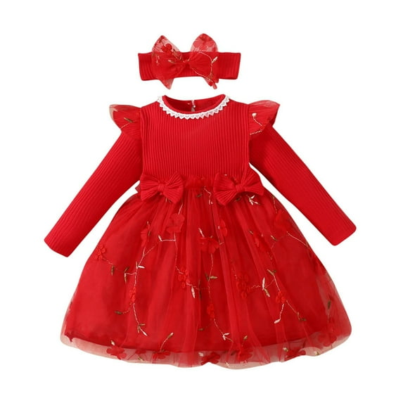 Girls Long Sleeve Maxi Dress Girls' Fall and Spring New Long Sleeve Ruffled Lace Round-Neck Embroidery Mesh Princess Bow Skirt Girls Princess Dresses Red-A 9M