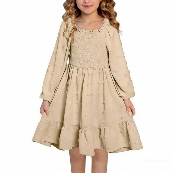 Girls Long Sleeve Maxi Dress Vintage A-Line Formal Junior Bridesmaid Dresses for Fall Wedding Party Khaki 6-7Years