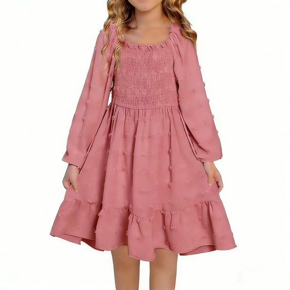 Girls Long Sleeve Maxi Dress Vintage A-Line Formal Junior Bridesmaid Dresses for Fall Wedding Party Pink 8-9Years