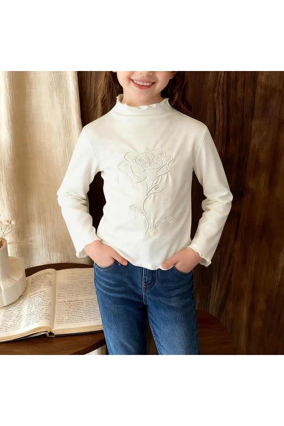 Girls Long Sleeve Mock Turtleneck Top, Beige Modal Cotton Polyester Blend, Soft Stretchy Ruffled Slim Fit Layering Shirt for Kids Girls 1-16Y,Size 13-14 T