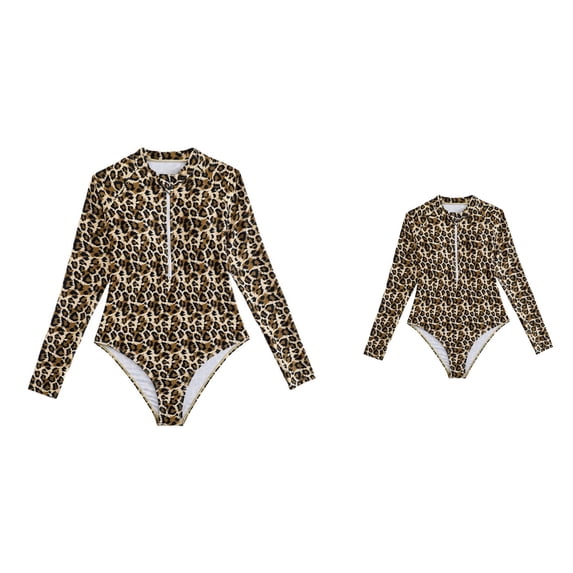 Girls' Long-Sleeve One-Piece Leopard Print Swimsuit Rash Guard Orange Cutout Midriff with Zipper, Sizes 6X-16