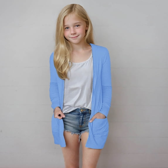 Girls Long Sleeve Open Front Cardigan - Casual Fashion Top with Pockets for Ages 5-14