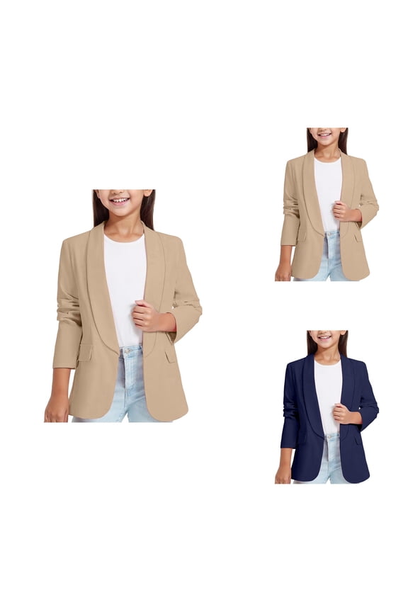 Girls Long Sleeve Open Front Shawl Lapel Blazer Jacket – Comfy Relax Fit Formal Suit Cardigan with Inner Pocket for School Uniform, Dressy Casual Wear (3-14Y)