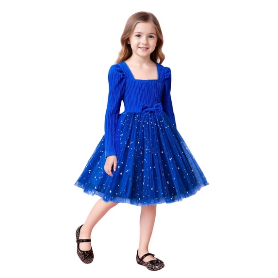 Girls Long Sleeve Party Dress Blue Tulle with Star Embellishments, Puff Sleeve Square Neck Holiday Birthday Dress for Kids to Kids 2-9 Years,Size 4-5T