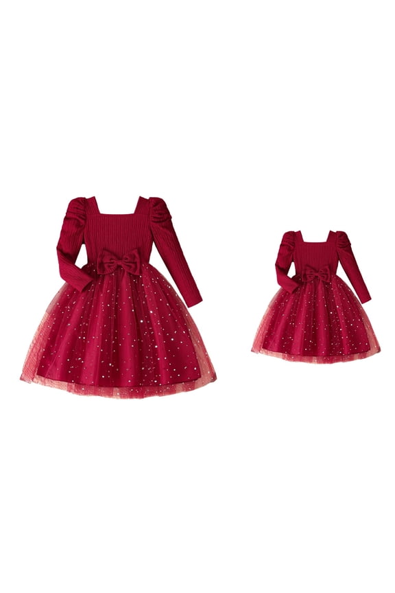 Girls Long Sleeve Party Dress, Elegant Square Neck Puff Sleeve Gown with Star Embroidery and Mesh Tulle Tutu Skirt for Weddings & Proms