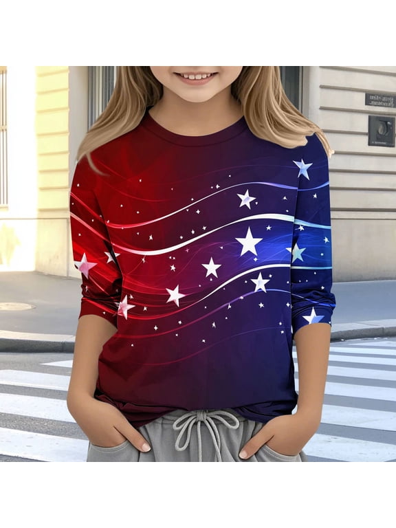 Girls Long Sleeve Patriotic 4th of July T-Shirt Wine Red USA Flag Tee for Kids,Size 4 T