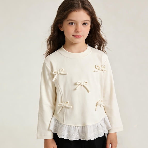 Girls Long Sleeve Peplum Top with Bows | Cute Ruffle Hem Blouse | Soft White Casual Shirt for Kids and Kidss,Size 3-4 T