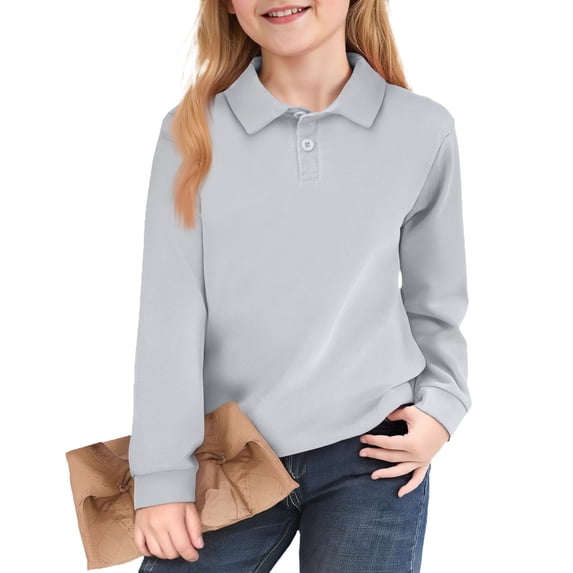 Girls' Long Sleeve Pique Polo Shirt, Classic Collar School Uniform Top, Ribbed Cuffs Relaxed Fit, 120