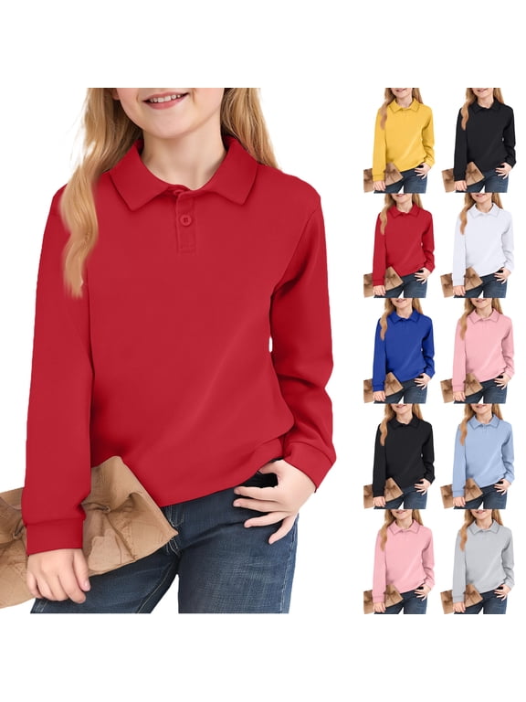 Girls' Long Sleeve Pique Polo Shirt, Classic Collar School Uniform Top, Ribbed Cuffs Relaxed Fit, 160