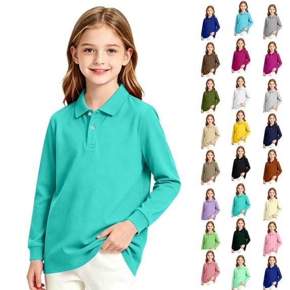 Girls Long Sleeve Pique Polo Shirt Kids Collared Golf Top Breathable Pique Knit 2026 Spring Fall School Uniform Blouse Blue 3-4Y