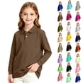 thumbnail image 1 of Girls Long Sleeve Pique Polo Shirt Kids Collared Golf Top Breathable Pique Knit 2026 Spring Fall School Uniform Blouse Brown 9-10Y, 1 of 8