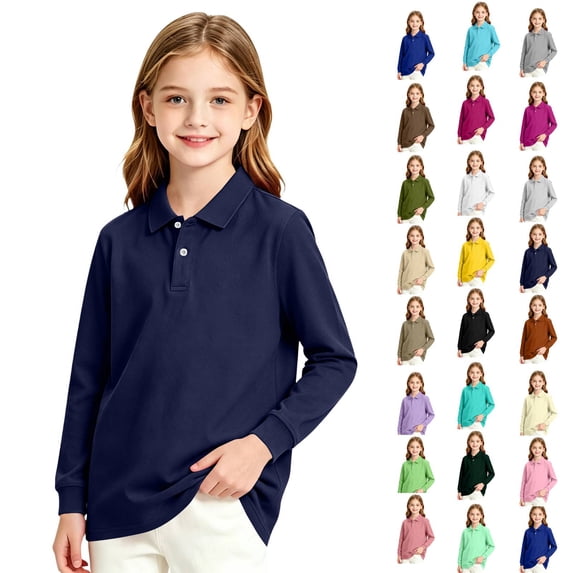 Girls Long Sleeve Pique Polo Shirt Kids Collared Golf Top Breathable Pique Knit 2026 Spring Fall School Uniform Blouse Navy 9-10Y