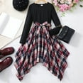 thumbnail image 1 of Girls Long Sleeve Plaid Dress Outfit With Belt Asymmetrical Hem Classic Two-Piece Set for Autumn and Winter​, 1 of 5