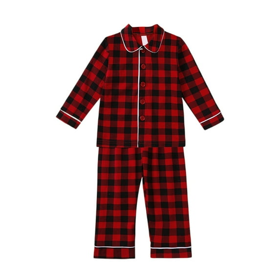 Girls Long Sleeve Plaid Ruffle Trim Pajama Set Button Down Top and Pants Sleepwear Soft Comfortable
