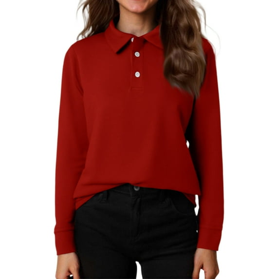 Girls' Long Sleeve Polo Shirt Casual Spring Collared Top Basic School Uniform for Kids Red 160